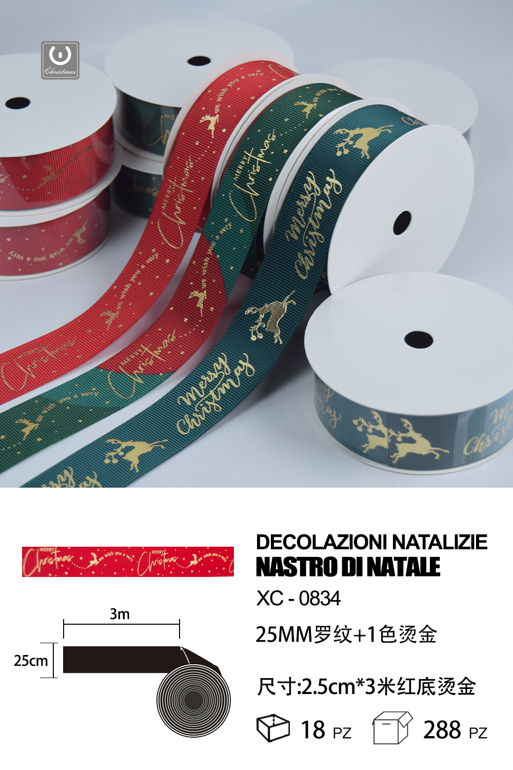 XC-0834 Nastro natalizo decorativo rosso con scritta merry christmas materiale poliestere dimensioni 2,5 cm x 3 mt - immagine 1