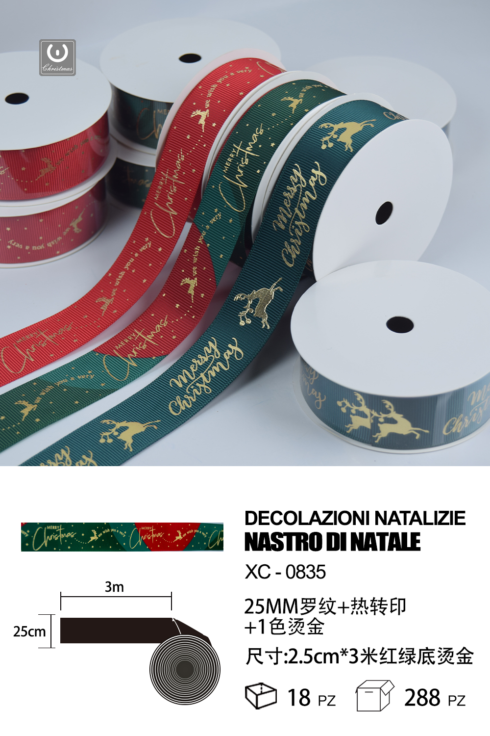 XC-0835 Nastro natalizo decorativo verde con scritta merry christmas materiale poliestere dimensioni 2,5 cm x 3 mt - immagine 1