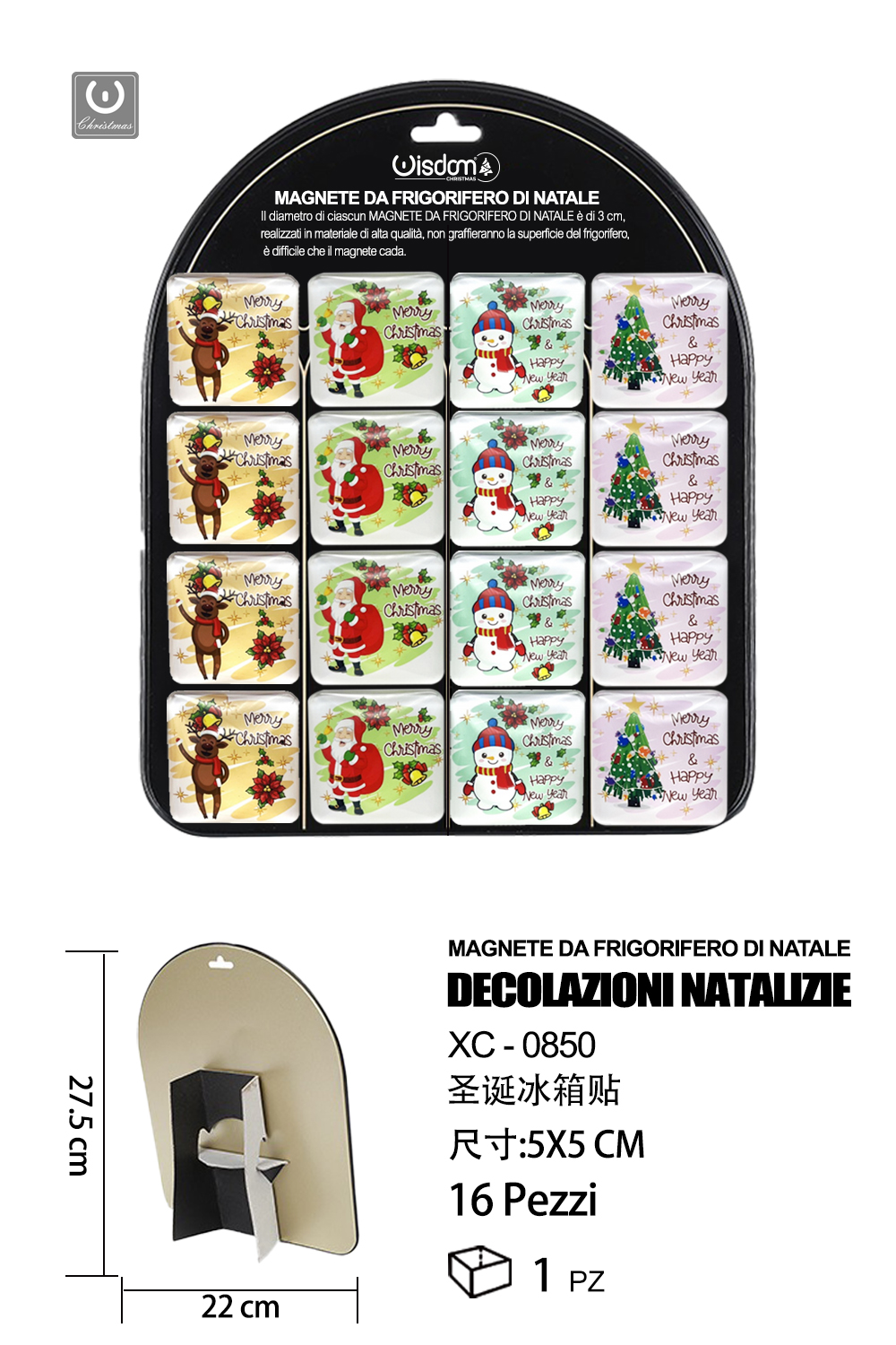 XC-0850 Set 16 pezzi calamite natalizie decorative in vetro per frigorifero dimensioni 5x5cm - immagine 1