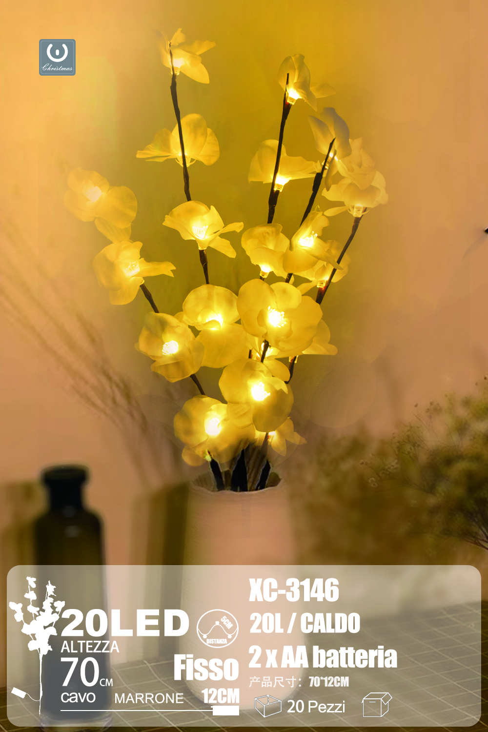 XC-3146 Ramo decorativo con fiori illuminazione 20 luci LED calda alimentazione a batterie (non incluse) dimensioni 70x12cm - immagine 1