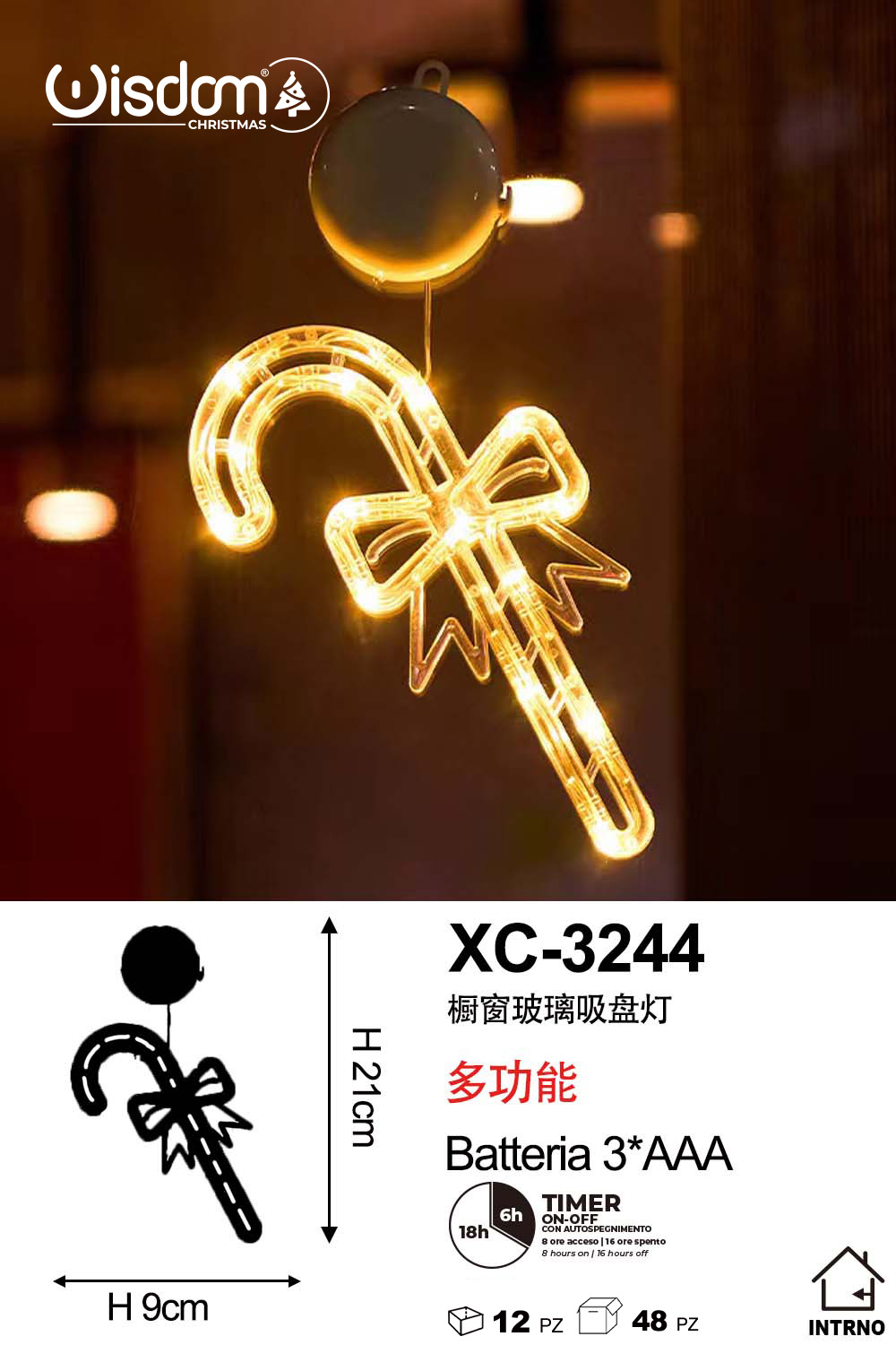 XC-3244 Decorazione luminosa a LED luce calda forma bastoncino di zucchero natalizio con ventosa per fissaggio su vetri e finestre alimentazione a batterie (non incluse) dimensioni 9x21cm - immagine 1