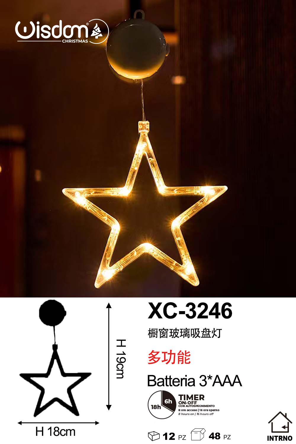 XC-3246 Decorazione luminosa a LED luce calda forma stella natalizia con ventosa per fissaggio su vetri e finestre alimentazione a batterie (non incluse) dimensioni 18x19cm - immagine 1