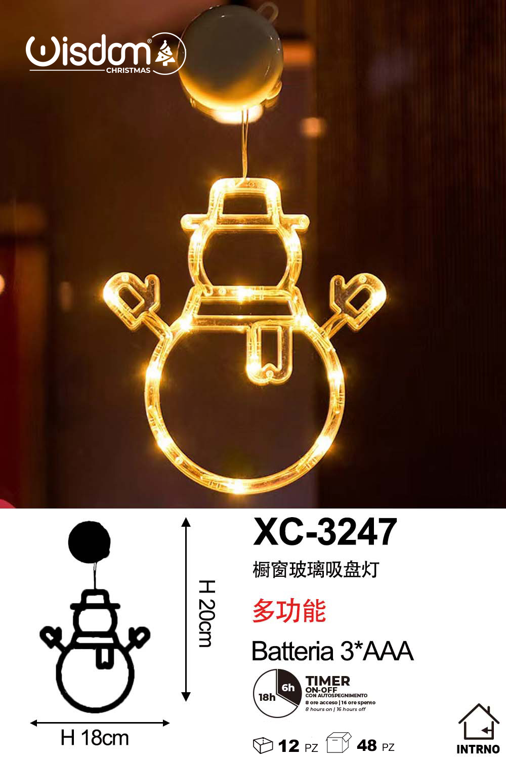 XC-3247 Decorazione luminosa a LED luce calda forma pupazzo di neve con ventosa per fissaggio su vetri e finestre alimentazione a batterie (non incluse) dimensioni 18x20cm - immagine 1