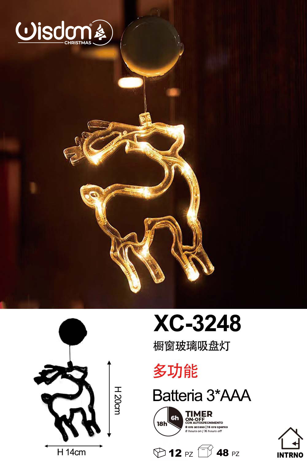 XC-3248 Decorazione luminosa a LED luce calda forma renna natalizia con ventosa per fissaggio su vetri e finestre alimentazione a batterie (non incluse) dimensioni 14x20cm - immagine 1
