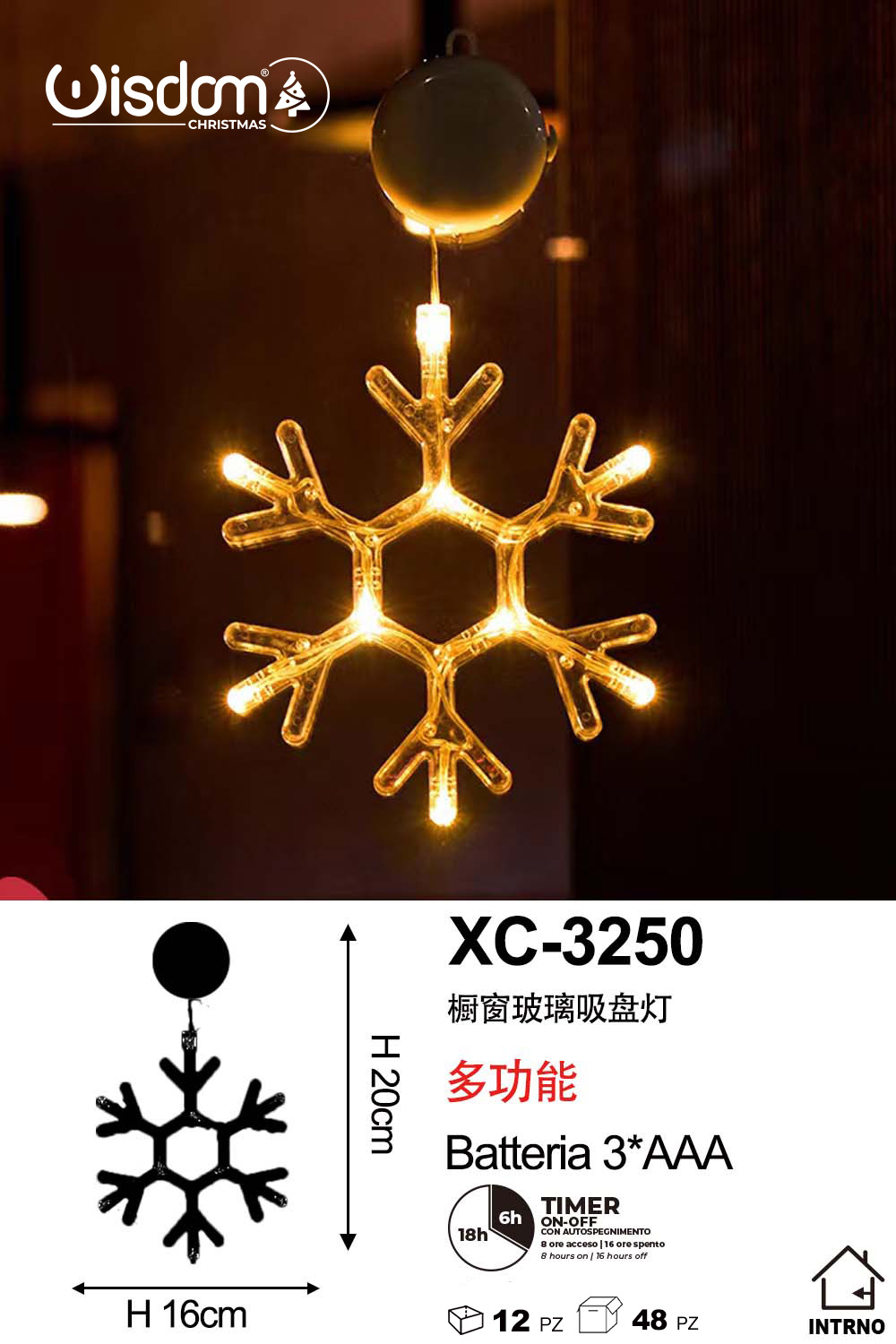 XC-3250 Decorazione luminosa a LED luce calda forma fiocco di neve con ventosa per fissaggio su vetri e finestre alimentazione a batterie (non incluse) dimensioni 16x20cm - immagine 1