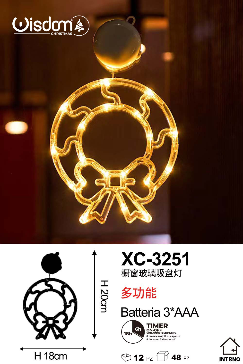 XC-3251 Decorazione luminosa a LED luce calda forma cerchio e nastro natalizio con ventosa per fissaggio su vetri e finestre alimentazione a batterie (non incluse) dimensioni 18x20cm - immagine 1