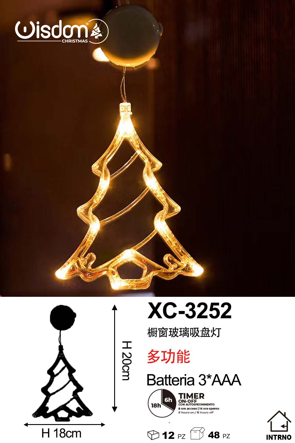XC-3252 Decorazione luminosa a LED luce calda forma albero natalizio con ventosa per fissaggio su vetri e finestre alimentazione a batterie (non incluse) dimensioni 18x20cm - immagine 1