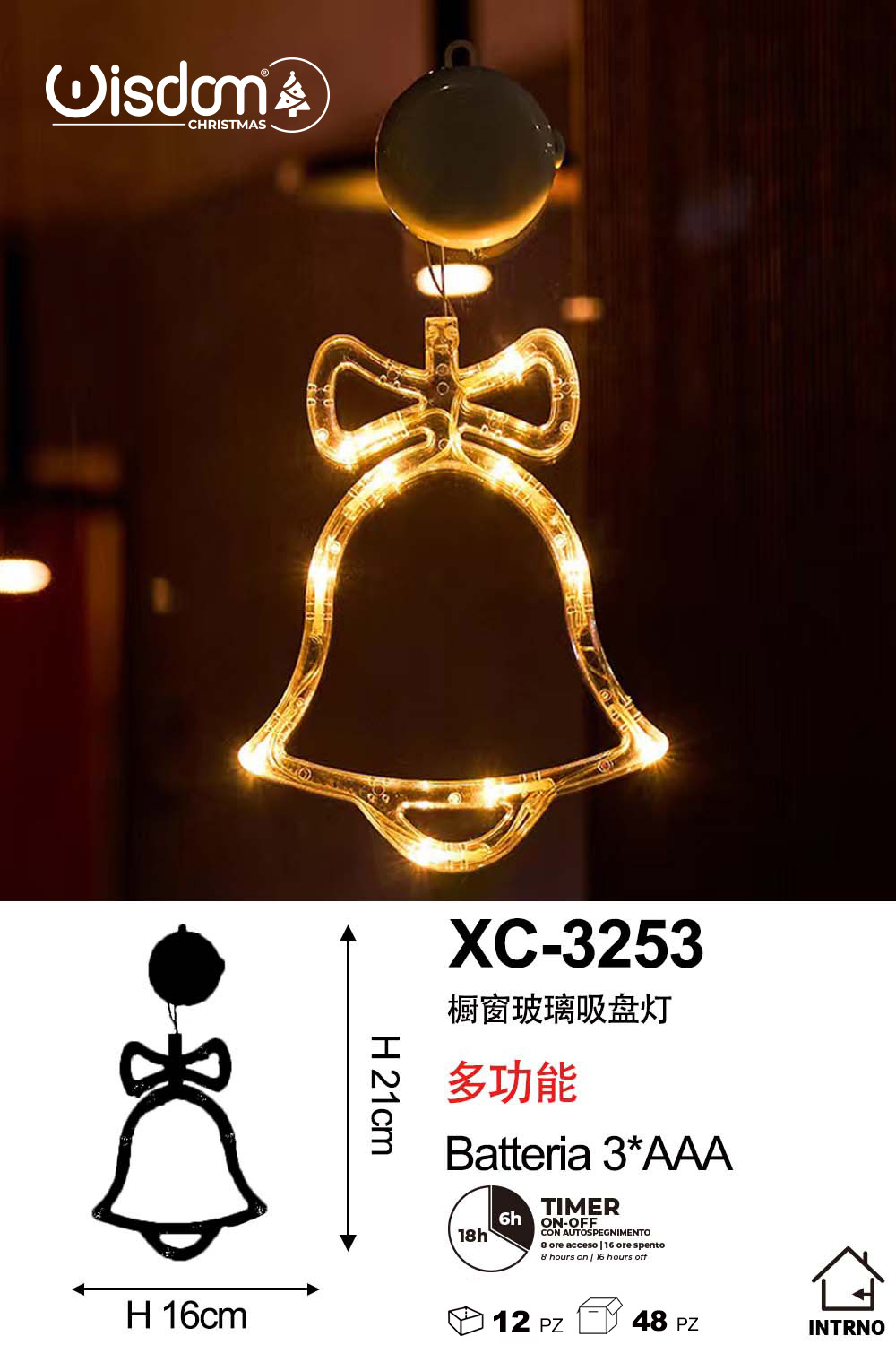 XC-3253 Decorazione luminosa a LED luce calda forma campana natalizia con ventosa per fissaggio su vetri e finestre alimentazione a batterie (non incluse) dimensioni 16x21cm - immagine 1