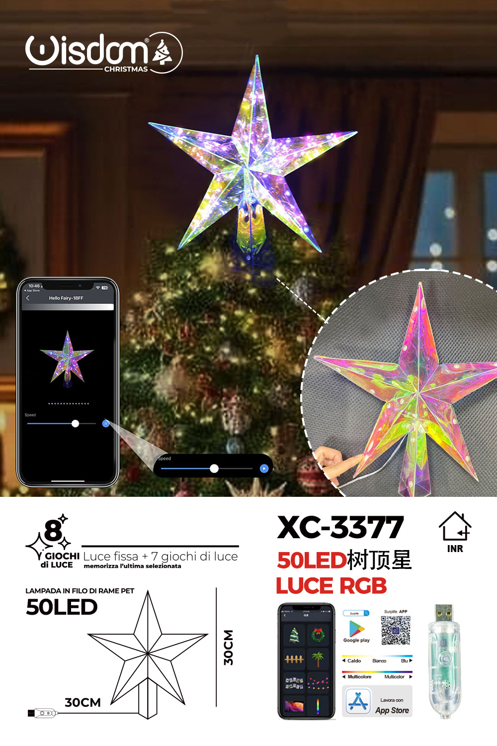 XC-3377 Puntale luminoso a stella per albero di Natale con 50 LED RGB 8 modalità di luci dimensioni 30x30cm controllo tramite app - immagine 1