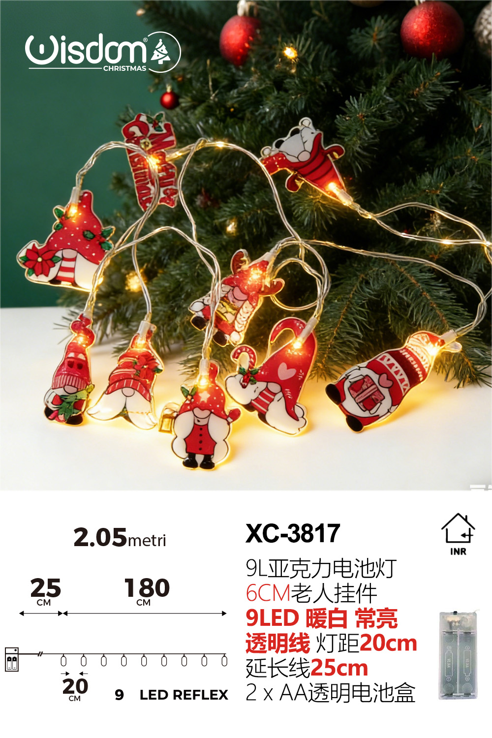 XC-3817 Pendente luminoso Natalizio 2,05 metri a forma di personaggi natalizi 9 LED REFLEX luce calda alimentazione a batterie (non incluse) uso interno - immagine 1