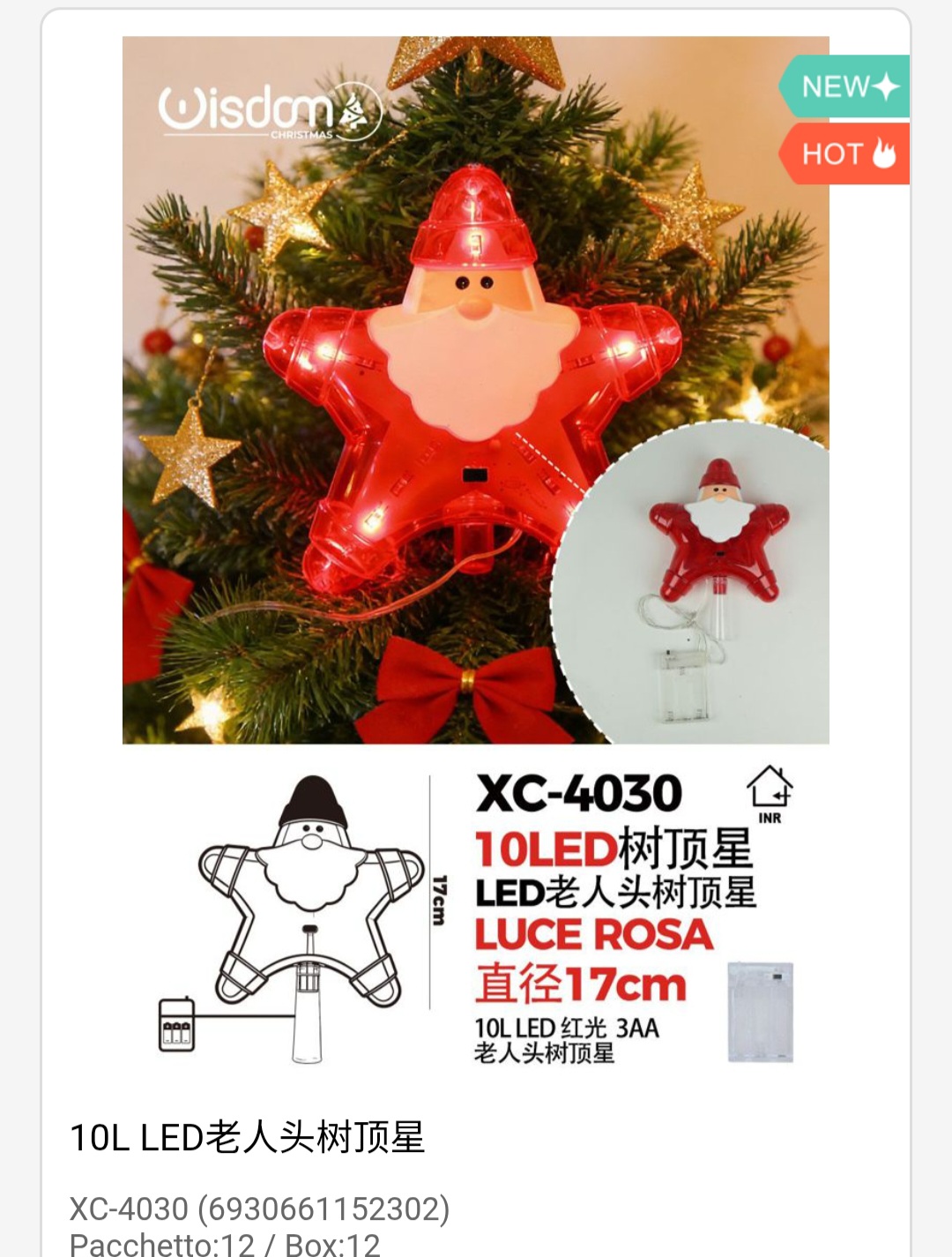 XC-4030 Puntale luminoso a forma di Babbo Natale a LED con 10 luci rosse dimensioni 17cmH alimentazione a batteria - immagine 1