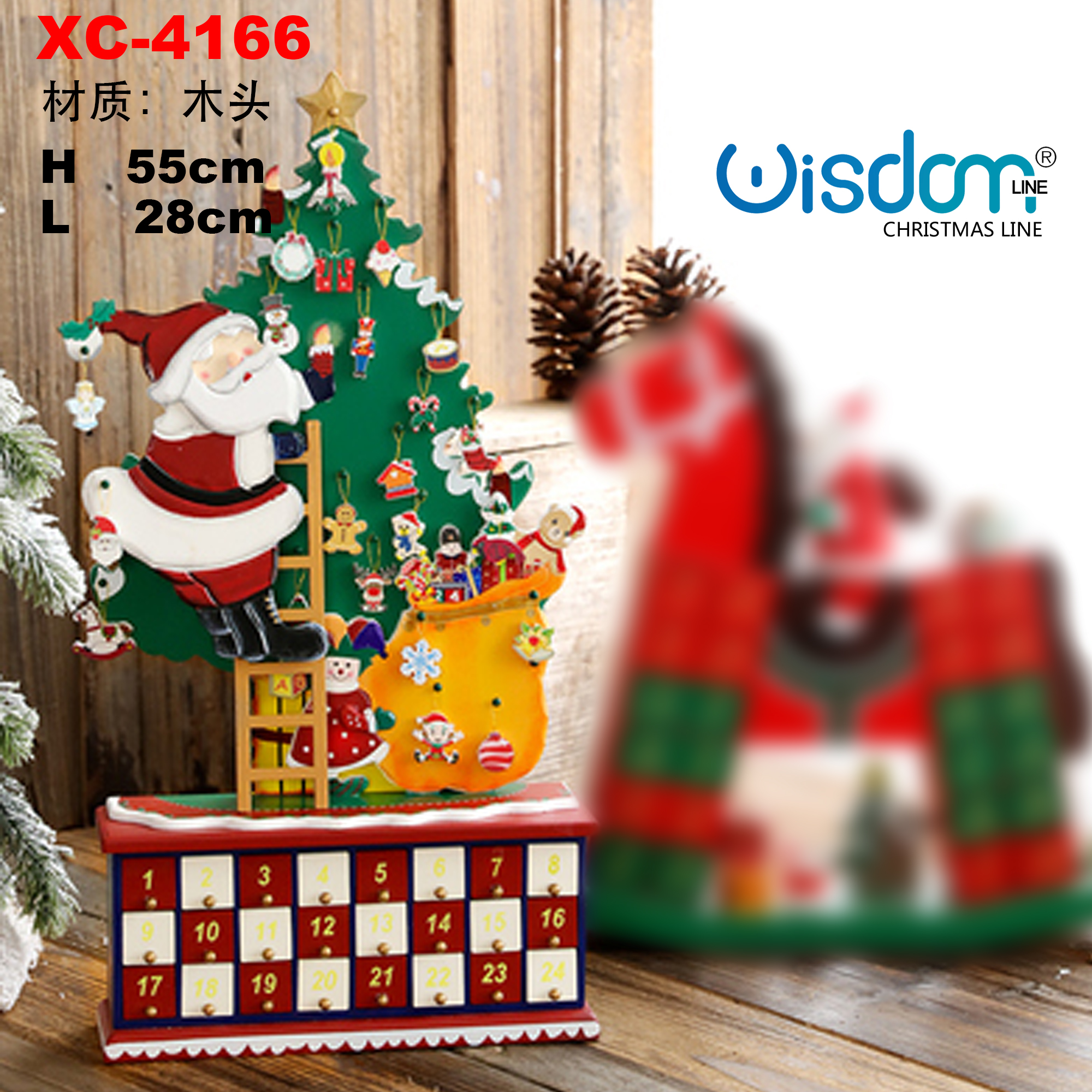 XC-4166 Calendario dell'avvento natalizio in legno a forma di Albero+Babbo natale con 24 cassetti numerati dimensioni 55x28cm - immagine 1