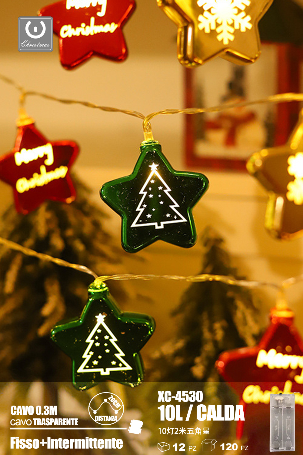 XC-4530 Pendente luminoso Natalizio 0,3 metri a forma di stelle luminose 10 LED luce calda alimentazione a batterie (non incluse) uso interno - immagine 1