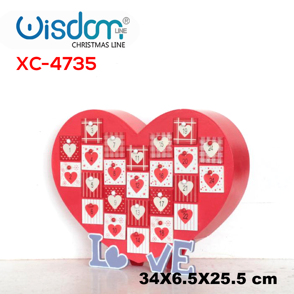 XC-4735 Calendario dell'avvento a forma di cuore con 24 cassetti numerati con scritta love dimensioni 34x6,5x25,5cm - immagine 1