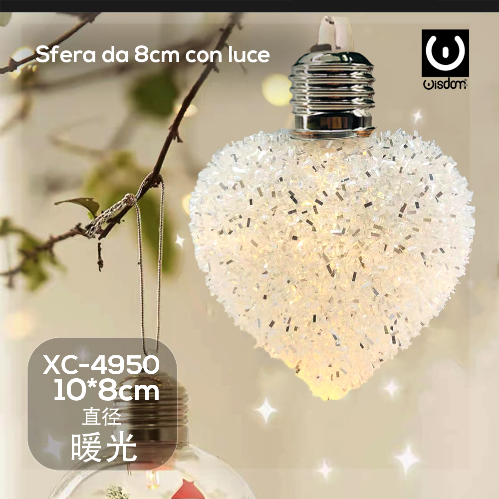 XC-4950 Decorazione luminosa Natalizia glitterata a forma di cuore diametro 8cm luce LED calda - immagine 1