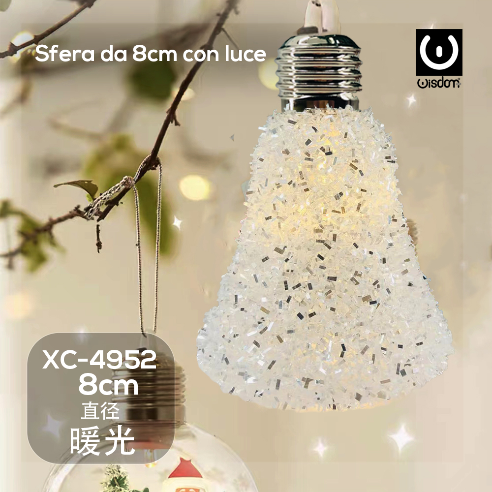 XC-4952 Decorazione luminosa Natalizia glitterata a forma di campana diametro 8cm luce LED calda - immagine 1
