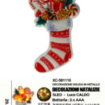 Calza in metallo luminosa natalizia con luci LED calda dimensioni 16,5x29,5cm alimentazione a batterie (non incluse)
