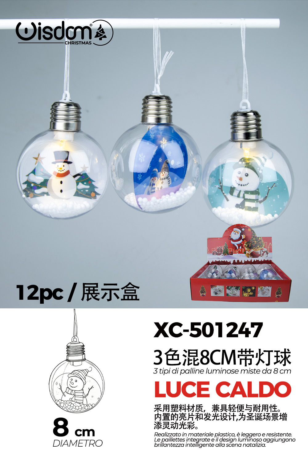 XC-501247 Set 12 palline decorative natalizie in plastica con pupazzo di neve luce LED calda diametro 8cm - immagine 1