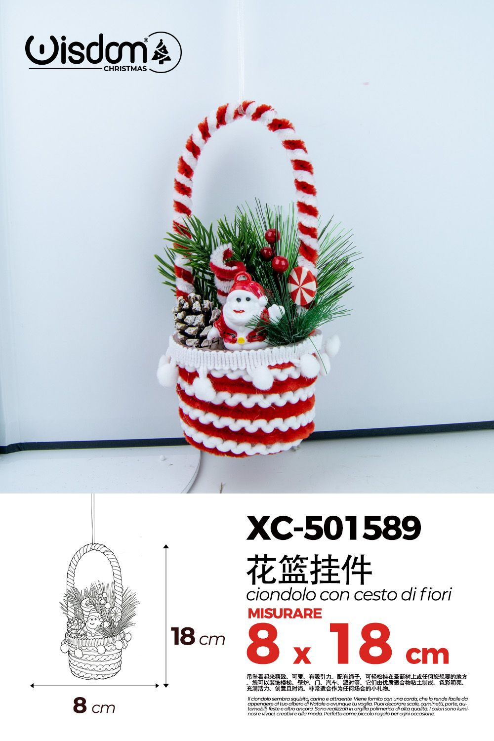 XC-501589 Ciondolo natalizio a forma di babbo natale adatto per alberi o porte dimensioni 8x18cm - immagine 1