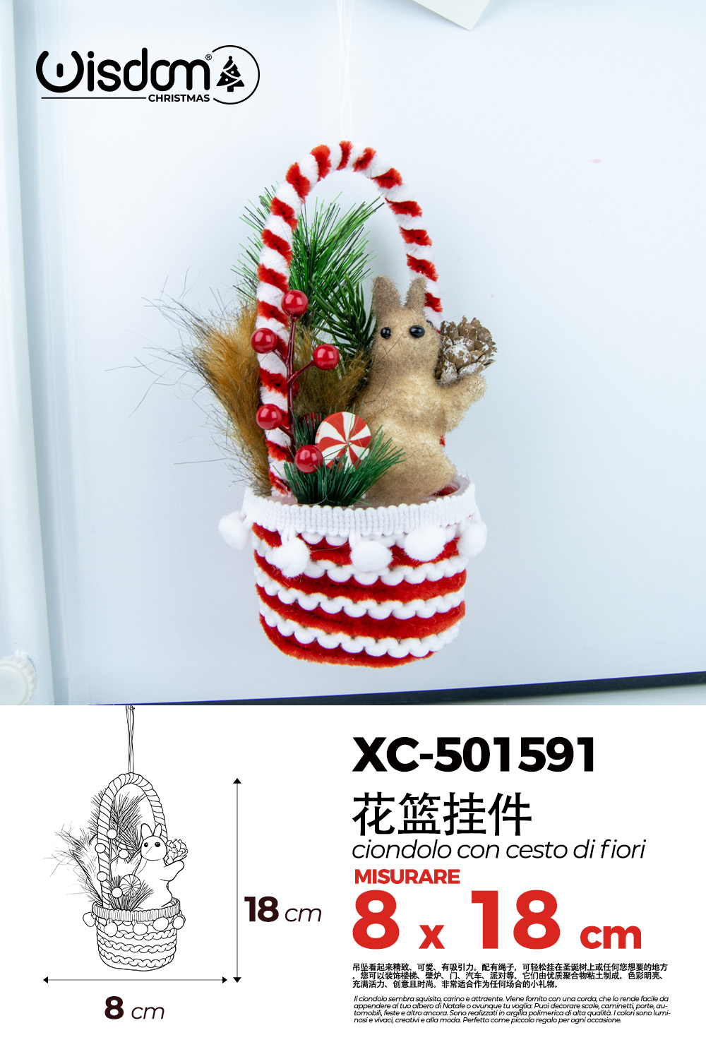 XC-501591 Ciondolo natalizio a forma di cestino con scoiattolo adatto per alberi o porte dimensioni 8x18cm - immagine 1