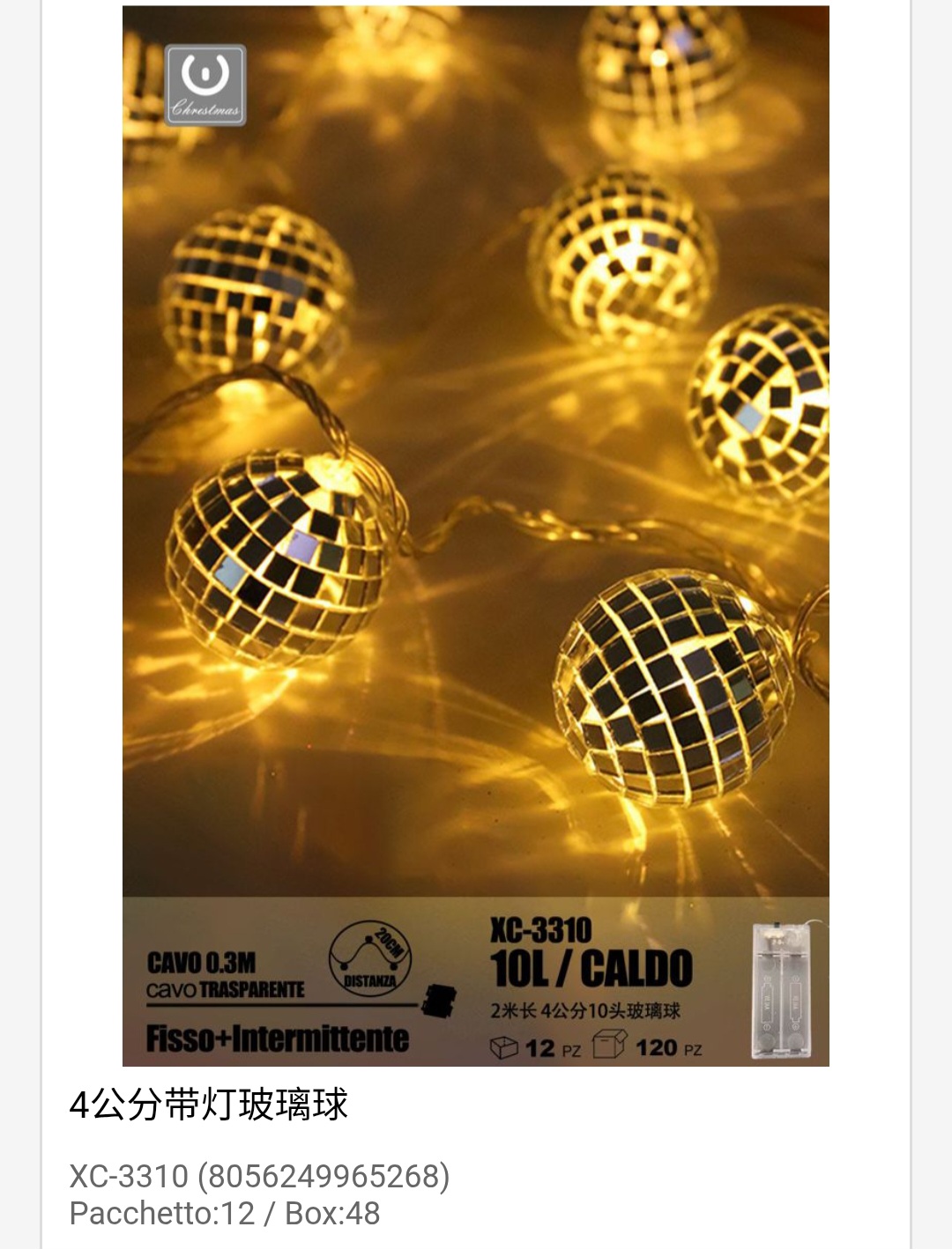 xc-3310 Pendente luminoso Natalizio 0,3 metri a forma di sfere in vetro luminose 10 LED luce calda alimentazione a batterie (non incluse) uso interno - immagine 1