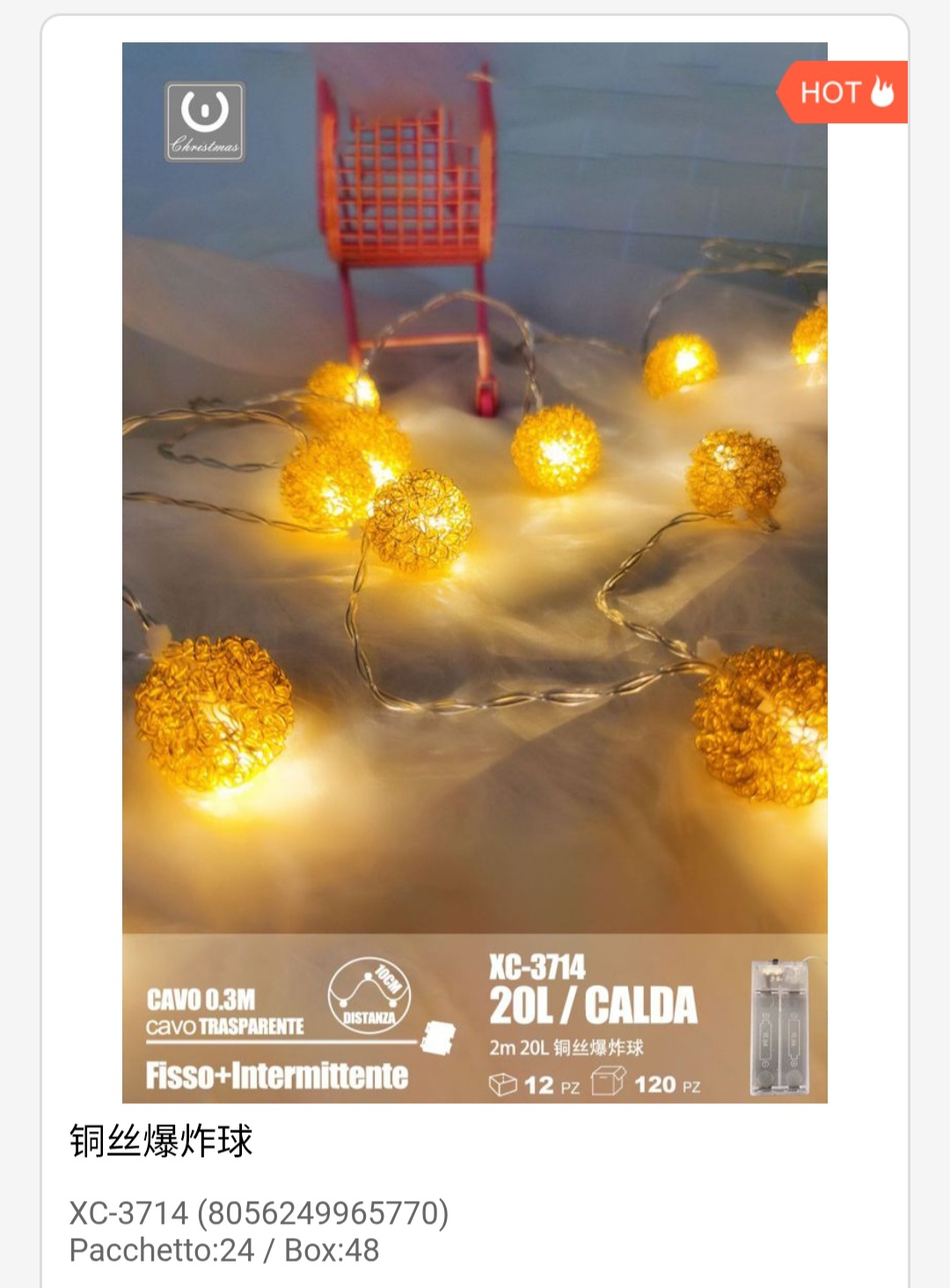 xc-3714 Pendente luminoso Natalizio 0,3 metri a forma di sfere luminose 20 LED REFLEX luce calda alimentazione a batterie (non incluse) uso interno - immagine 1