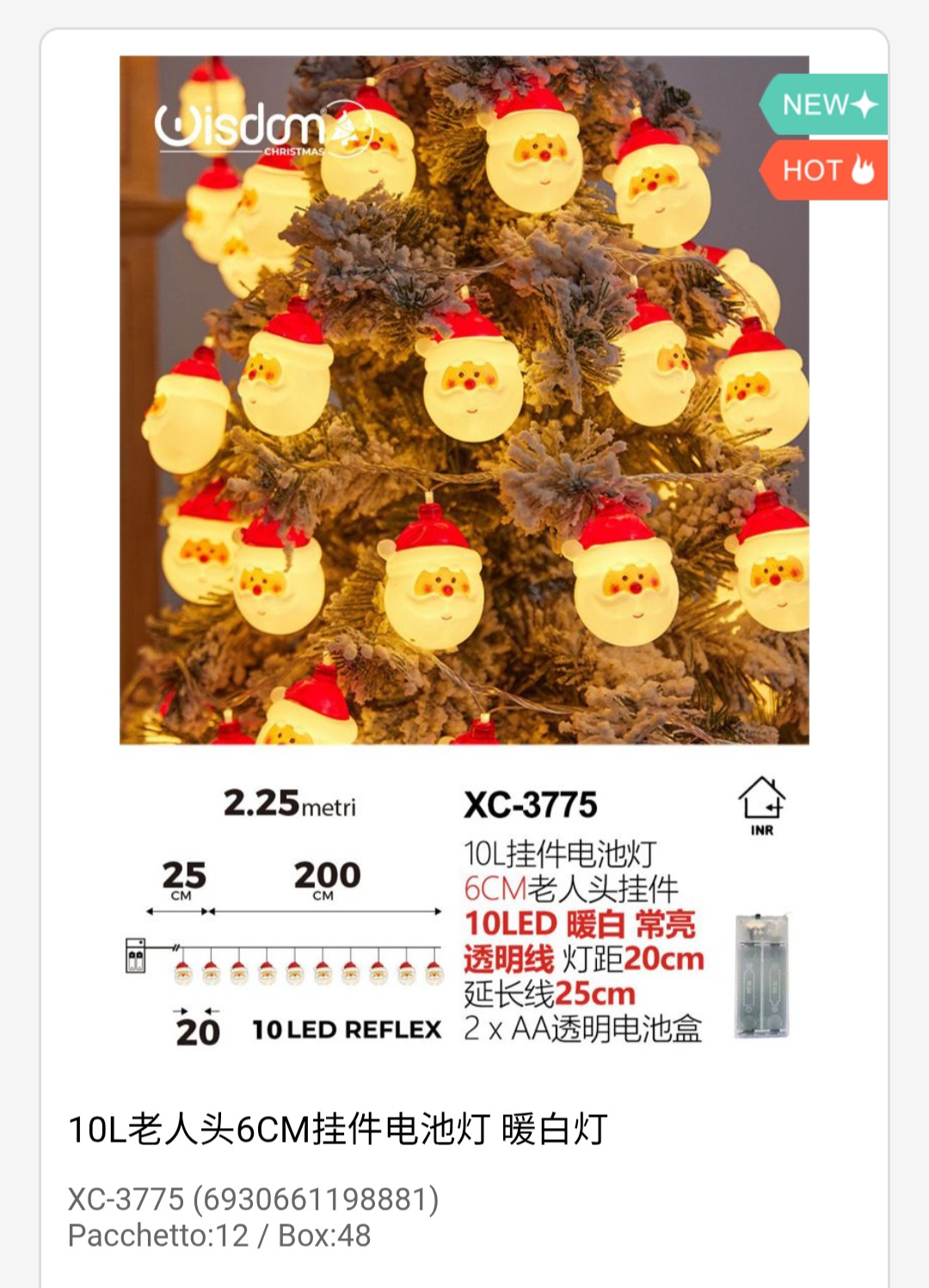 xc-3775 Pendente luminoso Natalizio 2,25 metri a forma di babbi natali luminosi 10 LED REFLEX luce calda alimentazione a batterie (non incluse) uso interno - immagine 1