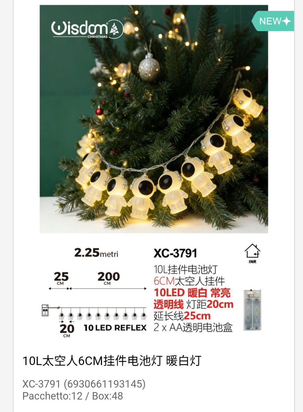 xc-3791 Pendente luminoso Natalizio 2,25 metri a forma di astronauti luminosi 10 LED REFLEX luce calda alimentazione a batterie (non incluse) uso interno - immagine 1