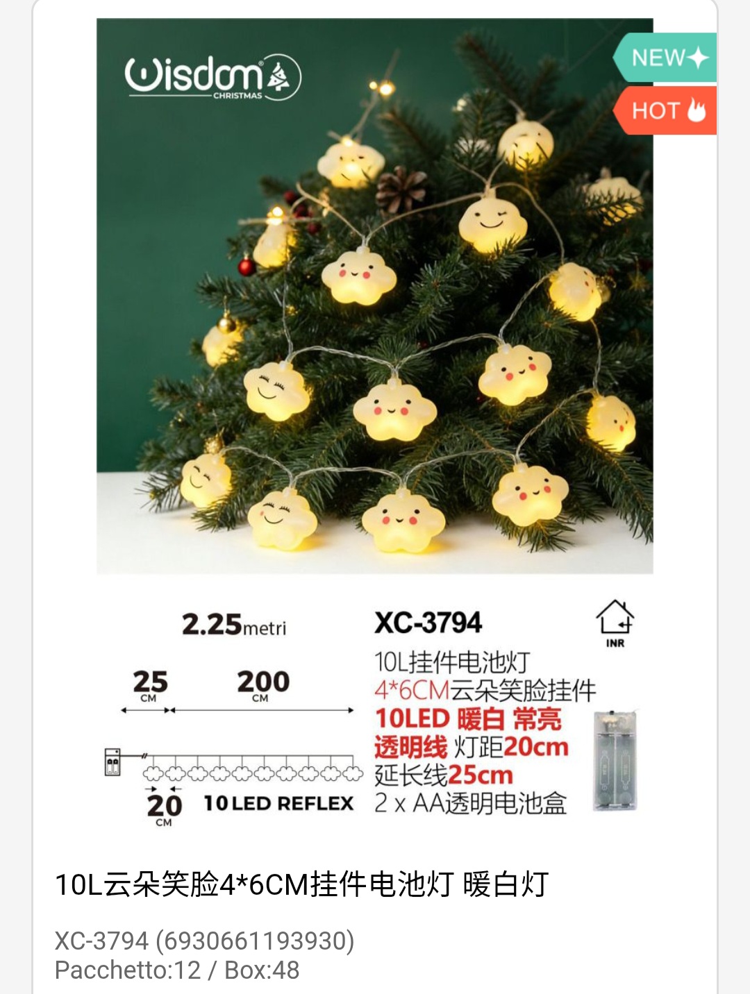 xc-3794 Pendente luminoso Natalizio 2,25 metri a forma di nuvolette luminose 10 LED REFLEX luce calda alimentazione a batterie (non incluse) uso interno - immagine 1