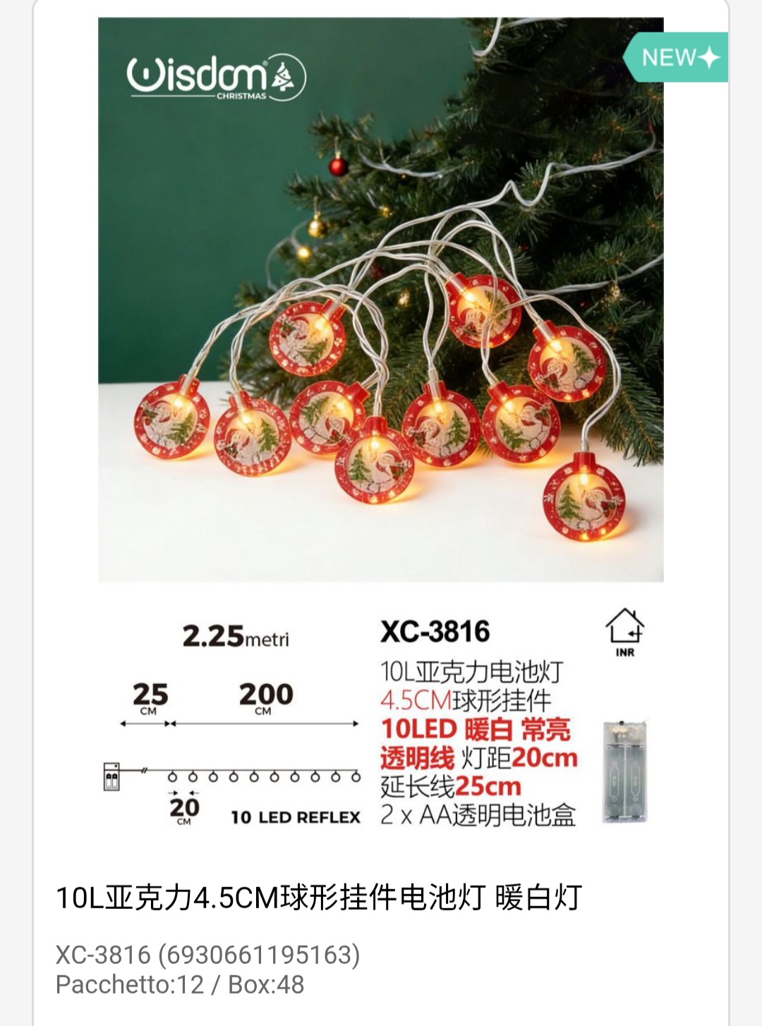 xc-3816 Pendente luminoso Natalizio 2,25 metri a forma di dischi luminosi 10 LED REFLEX luce calda alimentazione a batterie (non incluse) uso interno - immagine 1