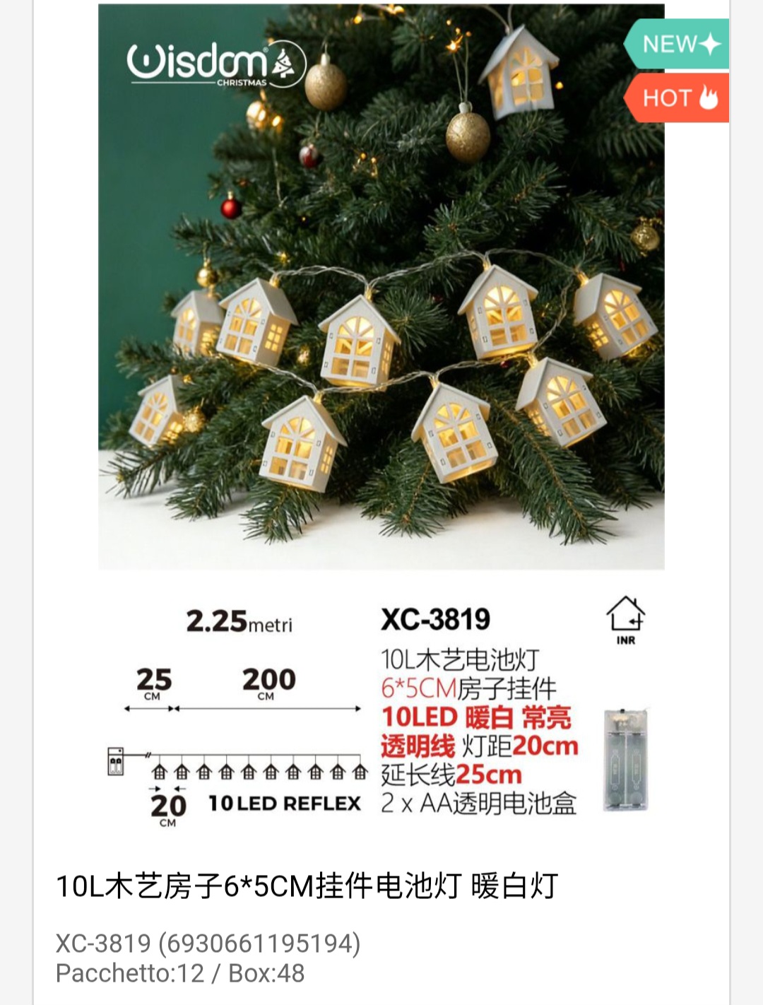 xc-3819 Pendente luminoso Natalizio 2,25 metri a forma di casette luminose 10 LED REFLEX luce calda alimentazione a batterie (non incluse) uso interno - immagine 1