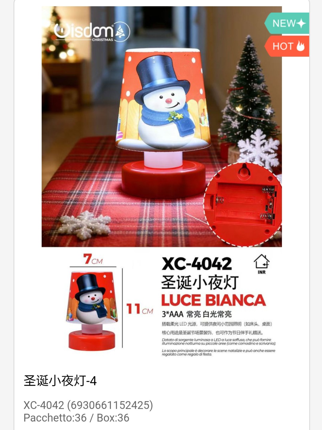 xc-4042 Lampada da tavolo decorativa Natalizia con pupazzo di neve a LED luce bianca dimensioni 7x11cm alimentazione a batterie (non incluse) - immagine 1