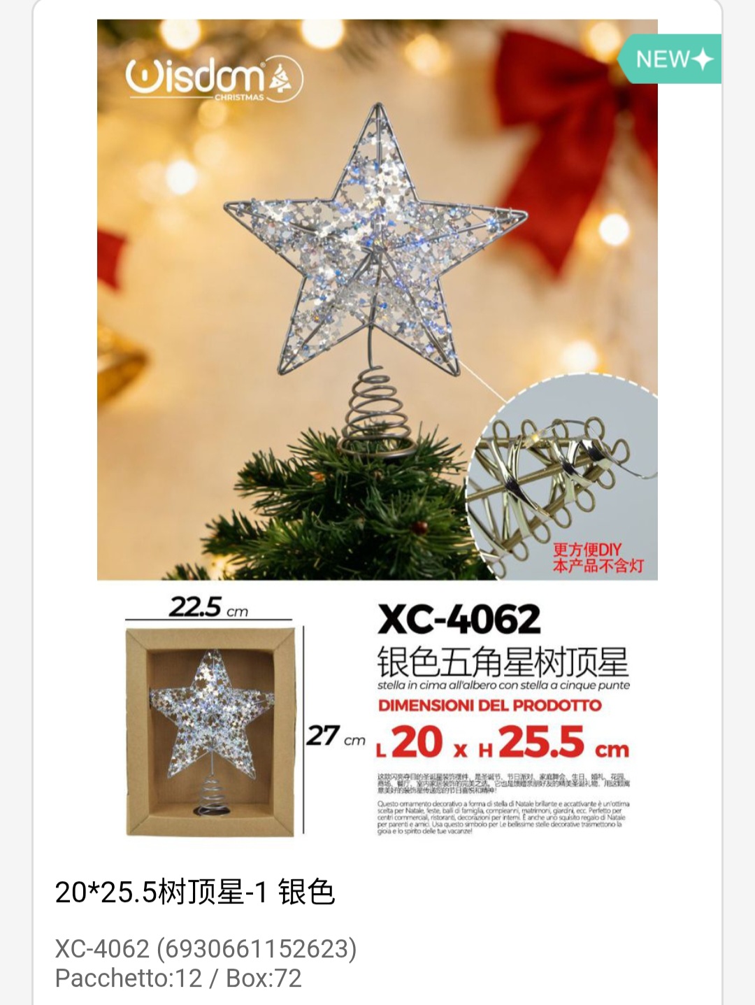 xc-4062 Puntale per albero natalizio a forma di stella spirale color argento glitterato dimensione 20x25cm - immagine 1