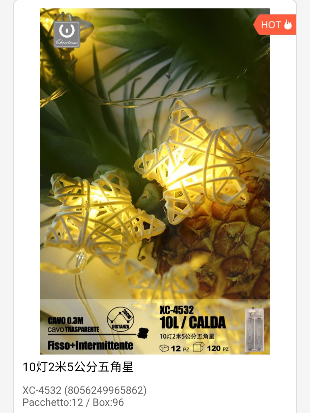 xc-4532 Pendente luminoso Natalizio 0,3 metri a forma di stelle luminose 10 LED luce calda alimentazione a batterie (non incluse) uso interno - immagine 1