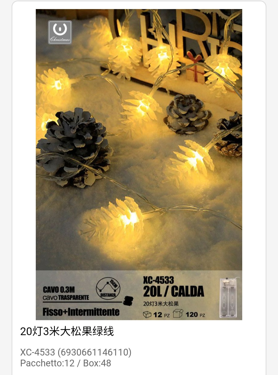 xc-4533 Pendente luminoso Natalizio 0,3 metri a forma di pigne luminose 20 LED REFLEX luce calda alimentazione a batterie (non incluse) uso interno - immagine 1