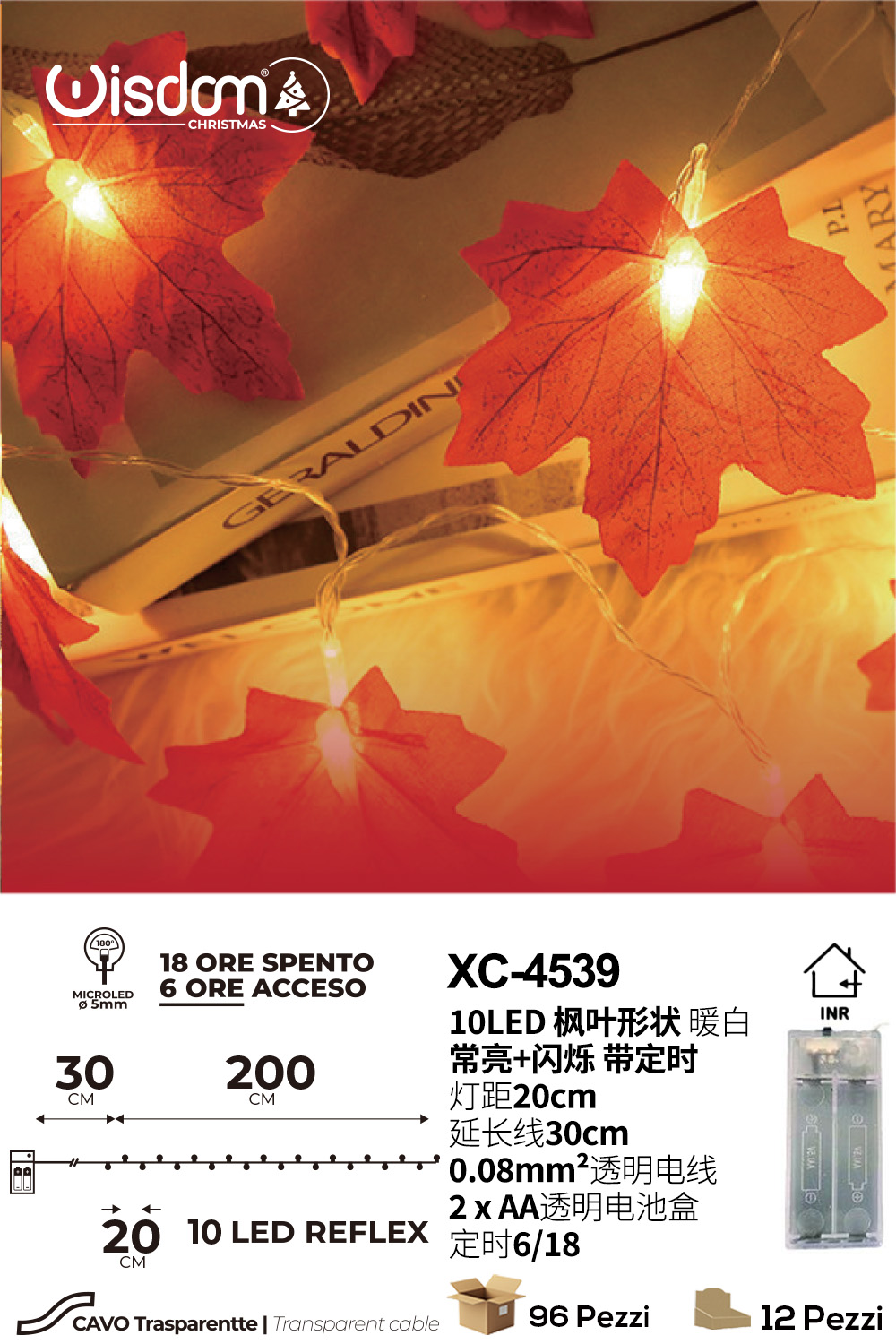 xc-4539 Pendente luminoso Natalizio 2 metri a forma di foglie luminose 10 LED REFLEX luce calda alimentazione a batterie (non incluse) uso interno - immagine 1