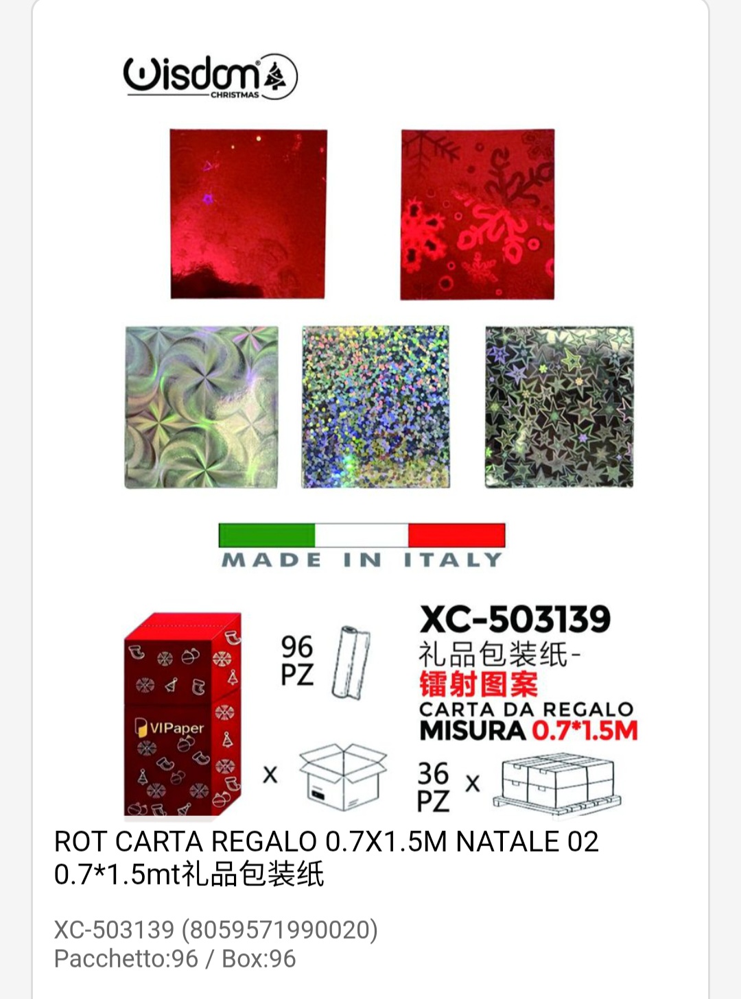 xc-503139 Rotoli carta da regalo natalizi in varie fantasie assortite dimensioni 0,7x1,5 Metri - immagine 1