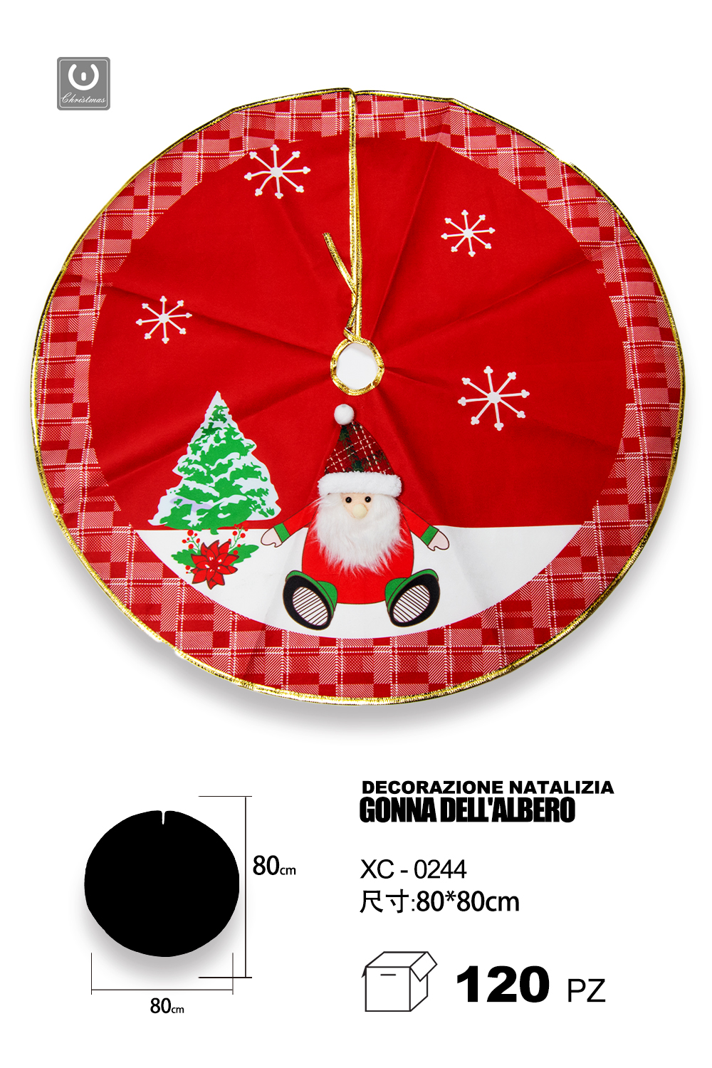 XC-0244 Decorazione natalizia gonna copri base per albero di natale materiale in tessuto design rosso con babbo natale dimensioni 80x80cm - immagine 1