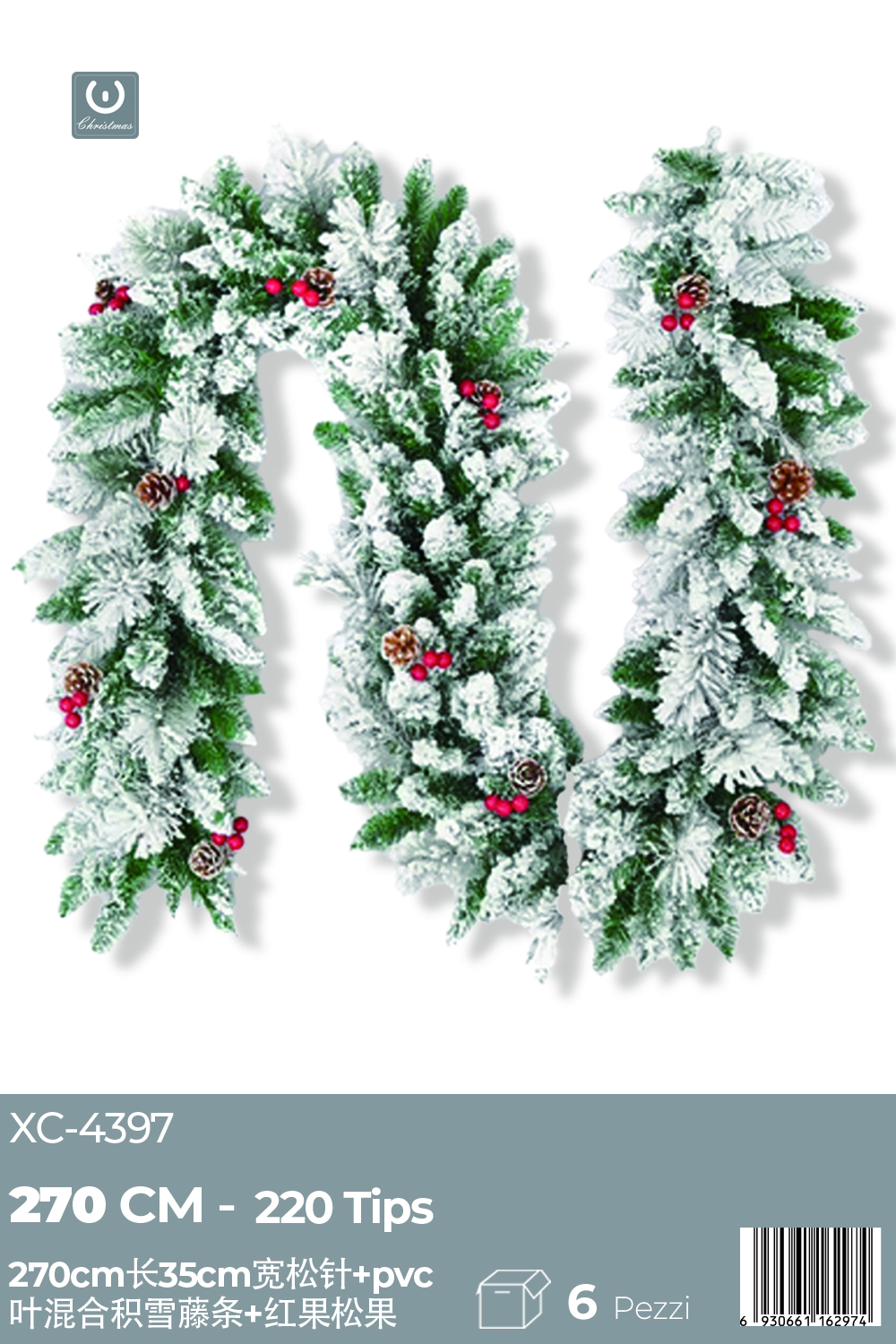 XC-4397 Ghirlanda Natalizia decorativa innevata con palline e pigne dimensione 270cm - immagine 1