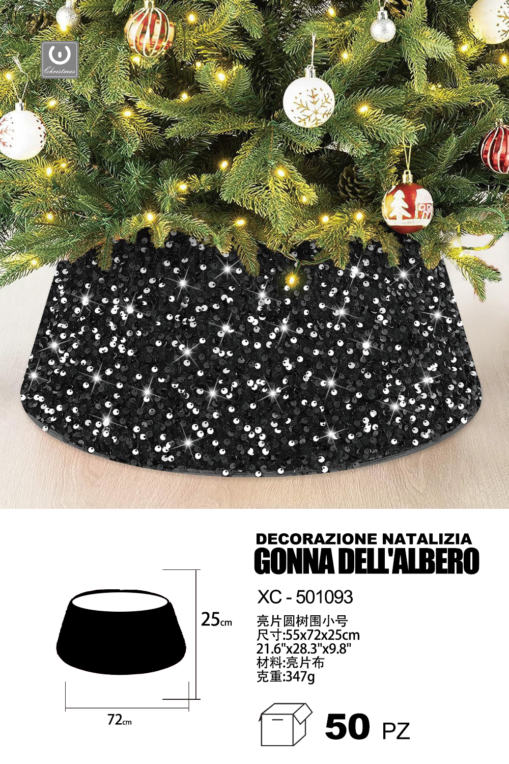 XC-501093 Decorazione natalizia gonna copri base per albero di natale in tessuto paillettes colore nero dimensioni 55x72x25cm - immagine 1