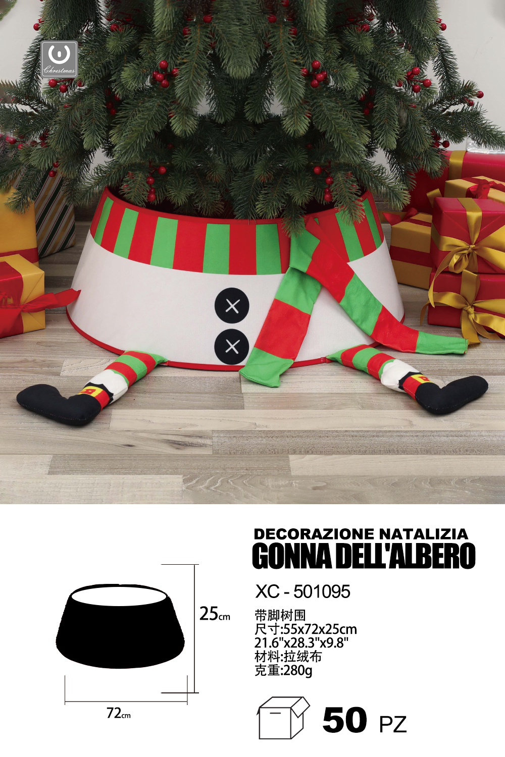 XC-501095 Decorazione natalizia gonna copri base per albero di natale design a forma gambe pupazzo di neve in tessuto morbido dimensioni 55x72x25cm - immagine 1