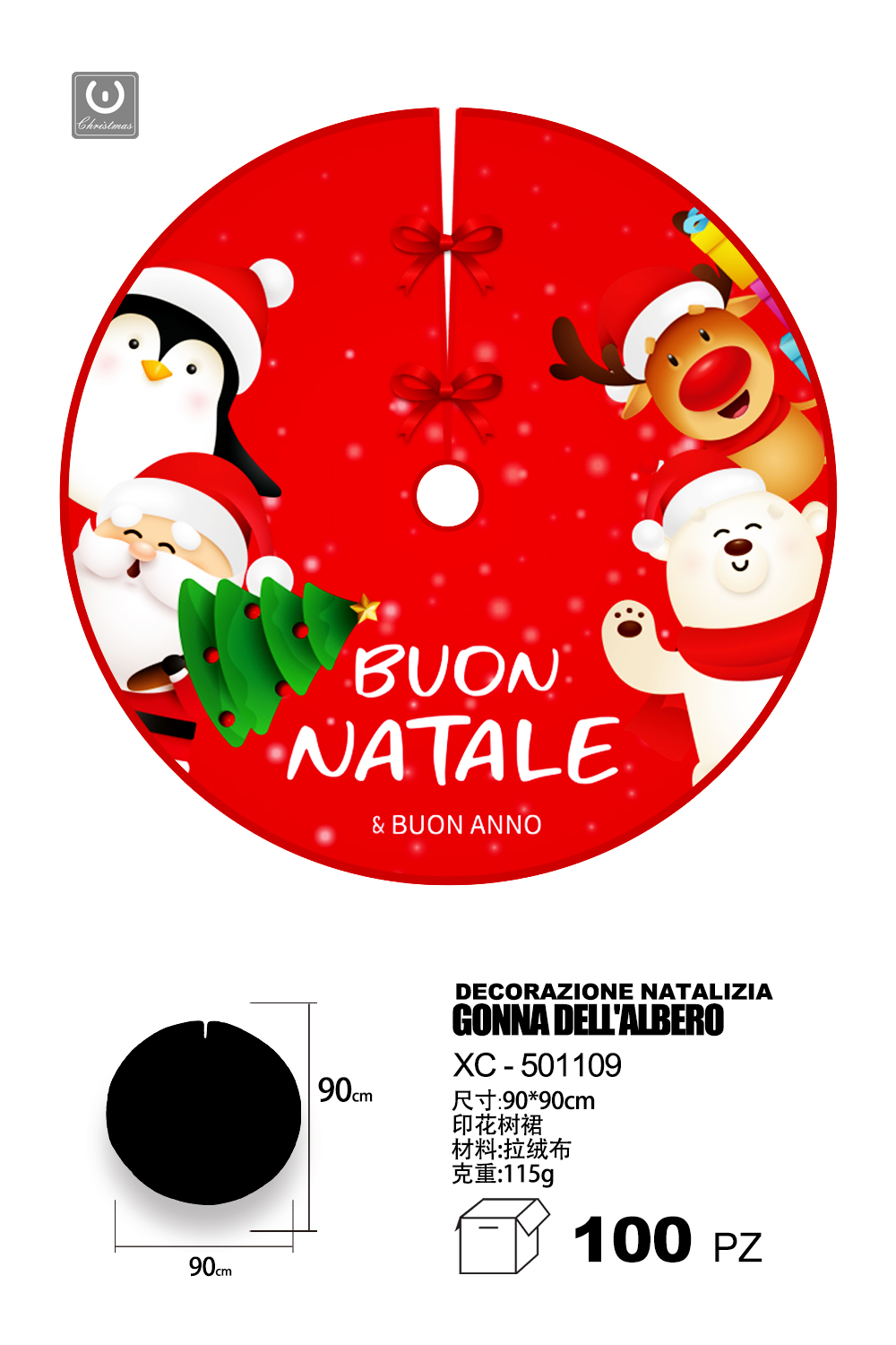XC-501109 Decorazione natalizia gonna copri base per albero di natale materiale in tessuto design rosso con personaggi natalizi dimensioni 90x90cm - immagine 1