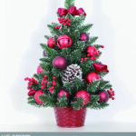 Piccolo albero verde con palle natalizie da tavolo con base legno e decorazioni dimensione 60cmH