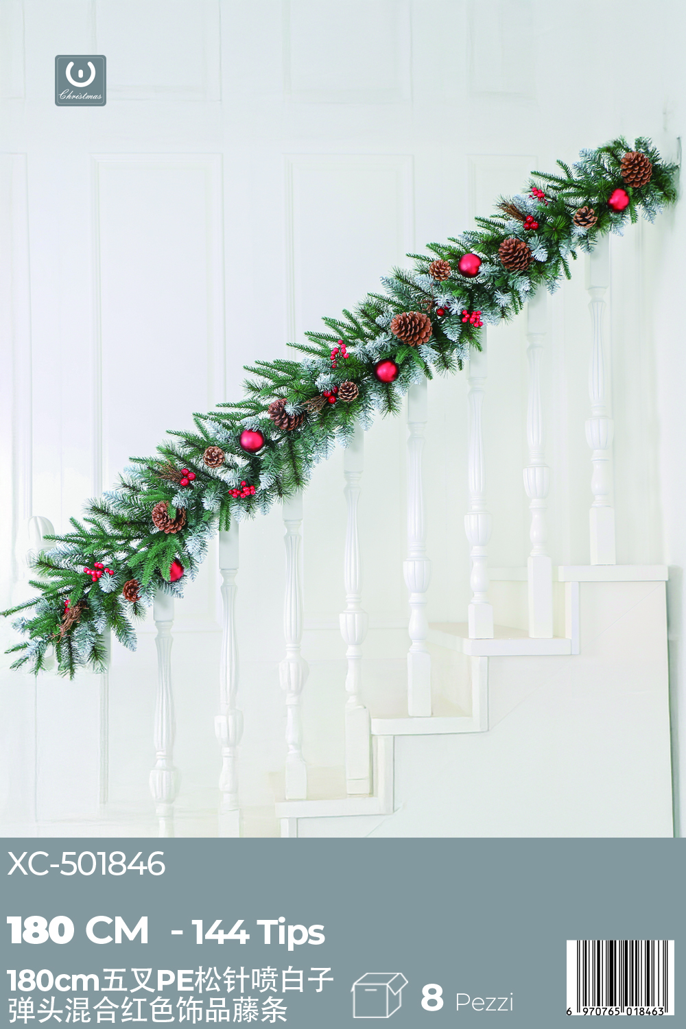 XC-501846 Ghirlanda Natalizia decorativa innevata con palline e pigne dimensione 180cm - immagine 1