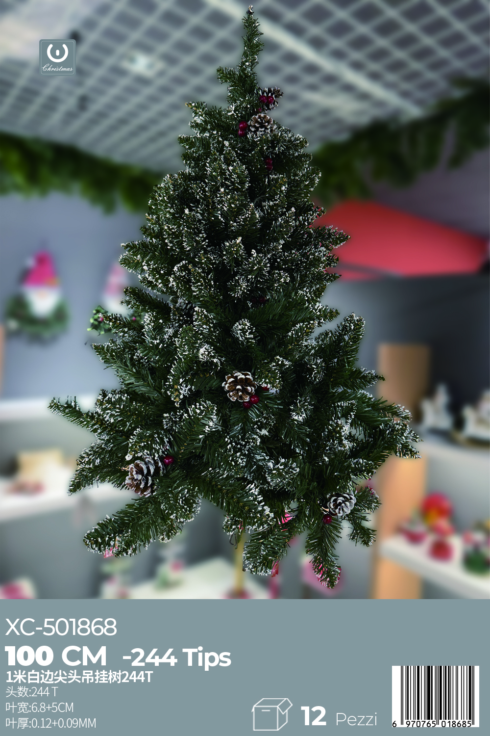 XC-501868 Albero di natale artificiale altezza 1 metro con 244 punte decorate bianche effetto neve e bacche rosse - immagine 1