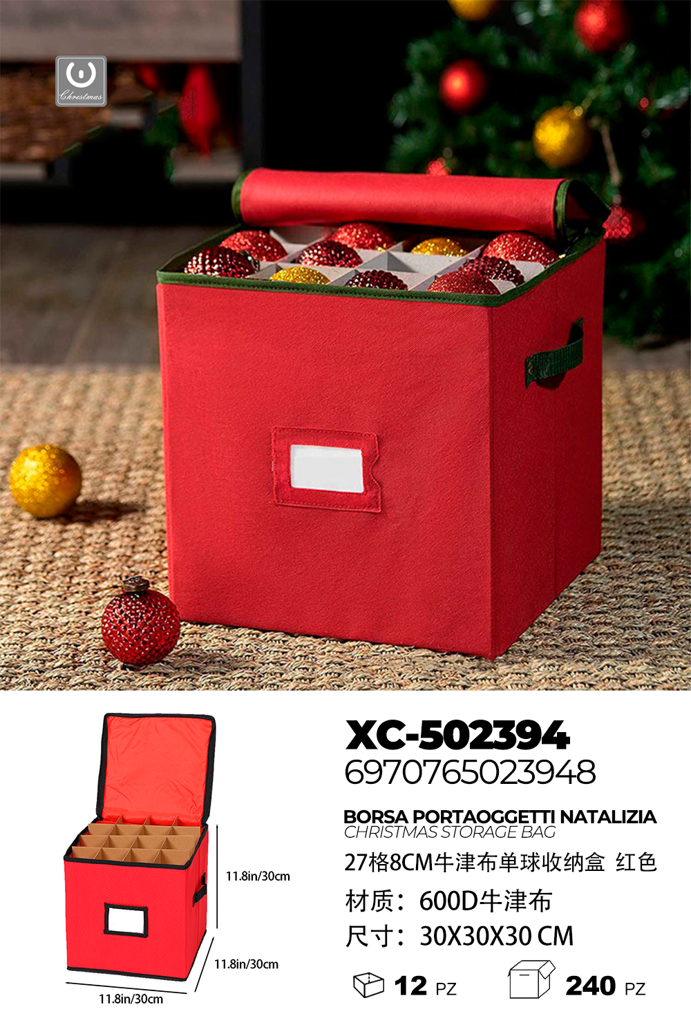 XC-502394 Borsa portaoggetti natalizia rossa in tessuto con 27 scomparti per palline da 8 cm dimensioni 30x30x30cm - immagine 1