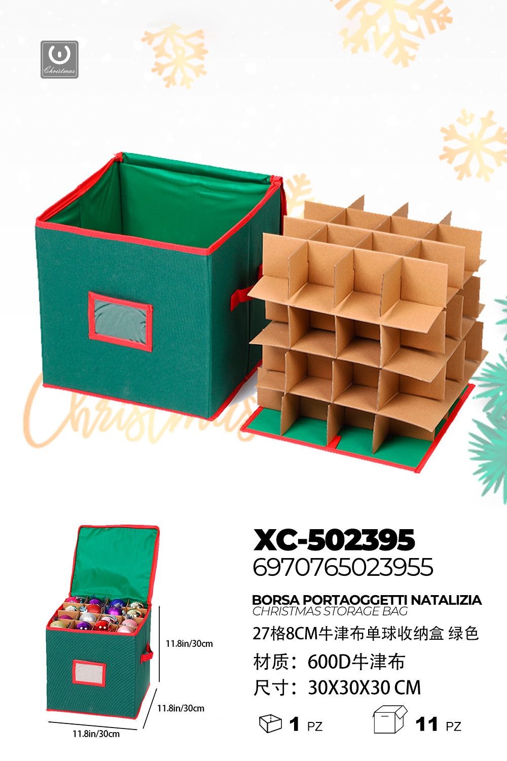 XC-502395 Borsa portaoggetti natalizia verde in tessuto con 27 scomparti per palline da 8 cm dimensioni 30x30x30cm - immagine 1