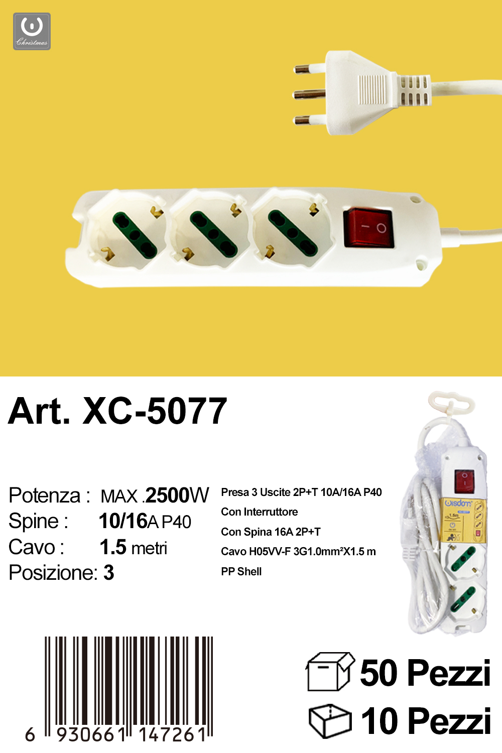 XC-5077 Ciabatta elettrica multipresa da 1,5 metri con 4 ingressi prese standard bipasso e interruttore luminoso - immagine 1