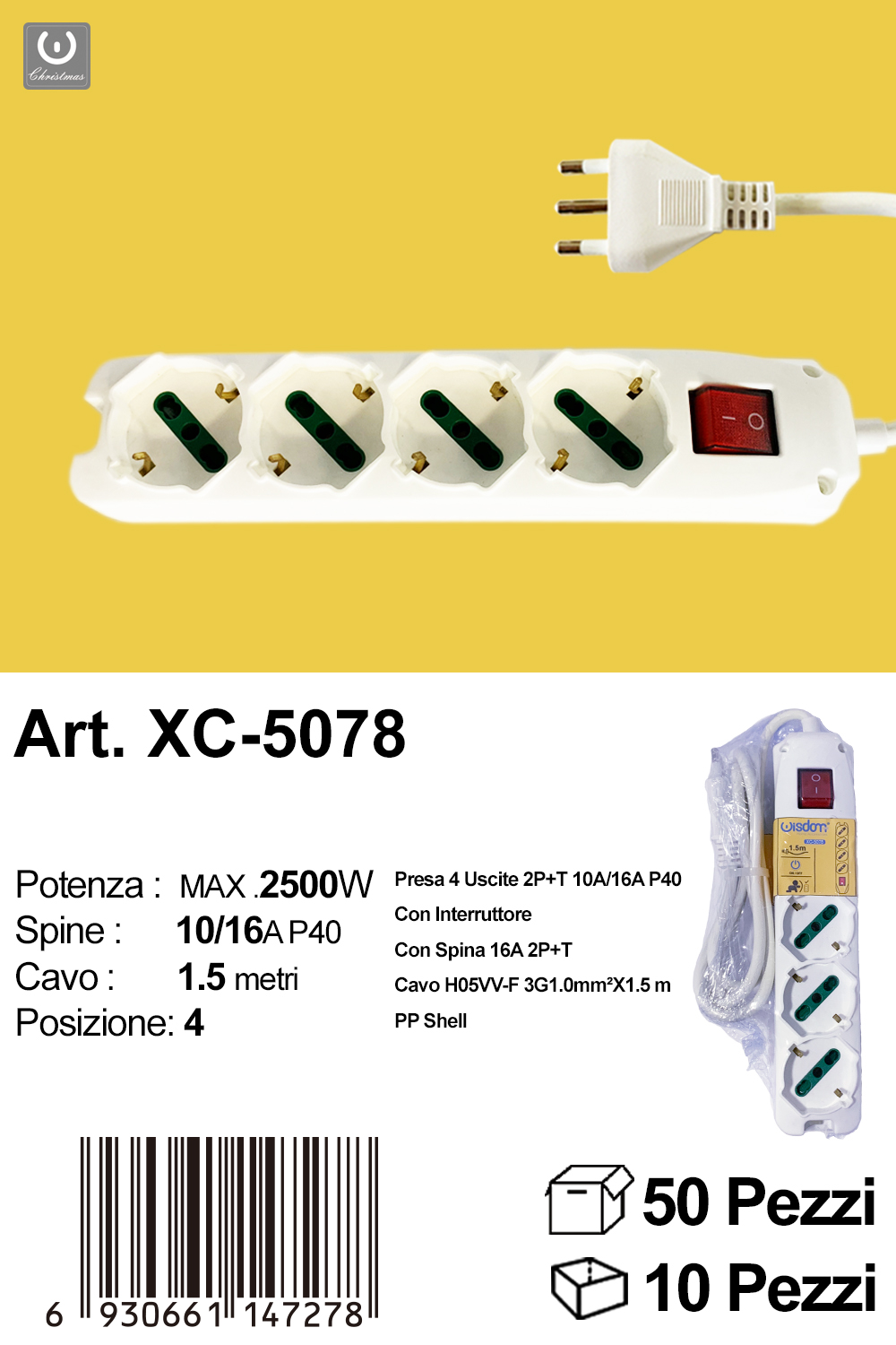 XC-5078 Ciabatta presa bipasso a quattro posizioni cavo da 1,5 metri potenza max 2500w con prese uscite da 10 e 16A - immagine 1