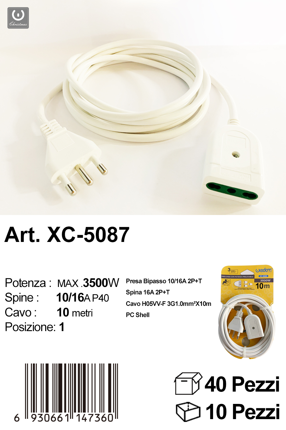 XC-5087 Prolunga elettrica bipasso bianca cavo da 10 metri potenza massima 3500W - immagine 1